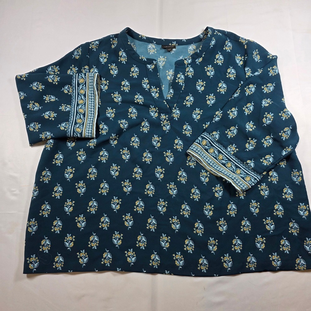 J. Jill Wearever Teal Floral Split Neck Tunic Top 3X 277251 Womens 3/4 Sleeve